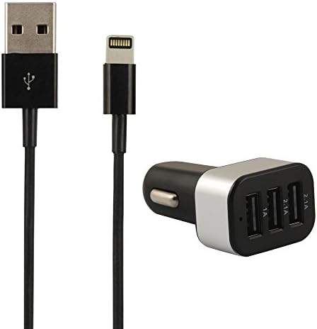 BBDH(TM) 3 USB Ports Travel Car Charger and Sync Charging Cable for Apple iPhone 6/6 Plus, iPhone 5/5S/5C, iPod touch 5th gen, iPod Nano 7th gen, iPad Air 2, iPad mini 2/ 3 (3ft Black)