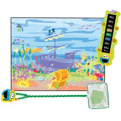 Sesame Street Fish Tank Accessories: Cookie Monster Fish Net, Thermometer, Blue Seascape Background