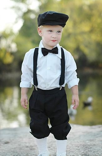 Infant & Toddler Boys Vintage Style Black Knickers Outfit 5-piece set with Suspenders, Bowtie, Newsboy Cap and White Shirt