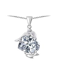 Original Star K (tm) Loving Mother and Child Dolphin Pendant with Heart Shape Simulated Diamond in 925 Sterling Silver