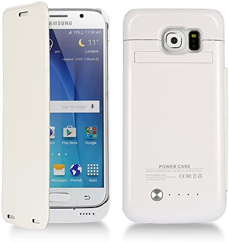 Cade Portable Backup Power Bank Case with Kickstand Rechargeable Extended Portable Charger Backup Battery Pack Cover Case with Faux Leather Flip Cover for  Samsung Galaxy S6 (White)