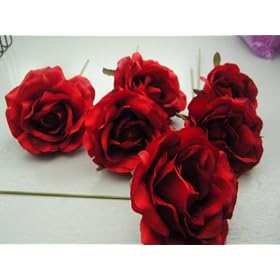 6 X LARGE RED SILK STEM ROSES/BRIDAL/BOUQUET/CRAFT/VALENTINE