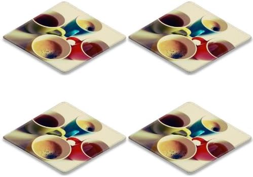 Coffe Tea Foam Colorful Cups Square Coaster (4 Piece) Set Fabric Rubber 5 Inch Size Luxlady Coaster Cup Mug Can Water Bottle Drink Coasters Stain Resistance Collector Kit Kitchen Table Top Desk