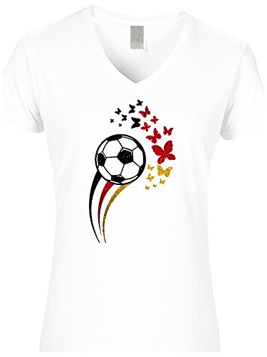 Damen Shirt Fussball Glitzeraufdruck Schmetterlinge Deutschland Farben Germany, T-Shirt, Grösse M, weiss