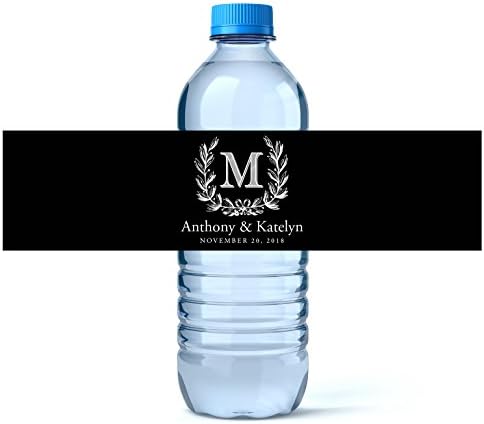 Black Monogram and Wreath Wedding Water Labels - set of 25