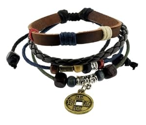 Chinese Ancient Coin Zen Bracelet / Leather Bracelet / Leather Wristband / Surf Bracelet Adjustable Size, for Men, Women, Boys and Girls, Teens, #338