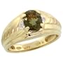 10k Gold Brushed Center Men's Stone Ring, w/ 2.00 Total Carat Oval Cut (9x7mm) Green Tourmaline Stone & Brilliant Cut Diamonds, 7/16" (11mm) wide, size 9