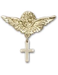Gold Filled Baby Badge with Cross Charm and Angel with Wings Badge Pin