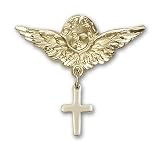 14kt Gold Baby Badge with Cross Charm and Angel w/Wings Badge Pin