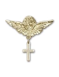 14K Gold Baby Badge with Cross Charm and Angel with Wings Badge Pin