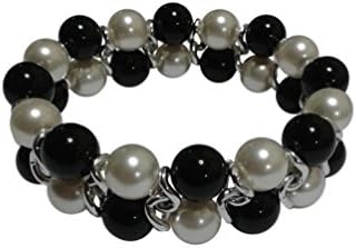 White 10mm Swarovski Elements Simulated Pearl and Black Onyx Chain 2 Row Bracelet, 7.5 to 8 Inches