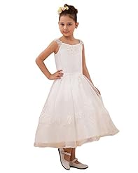 Girls A-line Organza Scoop Neck Tea Length Applique Lace Natural   Waistline Flower-Girl Dress 
