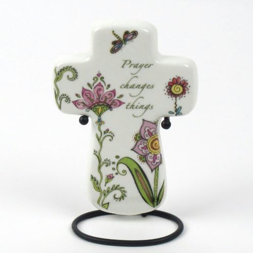 Prayer Changes Things.... Porcelain 5-1/2" x 3/34" Cross with Stand