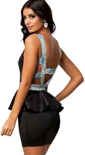 made2envy Deep Mesh V Neck Sequin Accent Open Back Mini Peplum Dress
