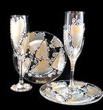 Bride's Heirloom Design - Hand Painted - Matching Set of Toasting Flutes - 6 oz. & 7 inch Cake Plates