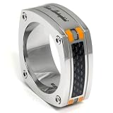 LAMBORGHINI Stainless Steel Carbon Fiber Ring w/ Orange Crystals