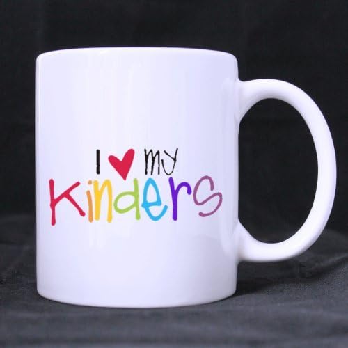 Funny Colorful Design Heart "I Love My Kinders" (Twin Side) Custom White Ceramic Mug Coffee Cup (11 Ounce)