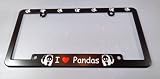I Love (Heart) Pandas - Giant Panda Bear with Paw Print Black Plastic License Plate Frame with White Vinyl Lettering and Red Heart