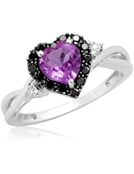 10k White Gold Heart Shaped Amethyst with Round Black and White Diamond Ring