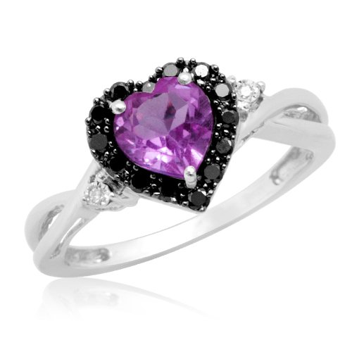 Heart Shaped Amethyst with Round Black and White Diamonds 10k White Gold Ring
