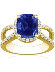 18K Yellow Gold Cushion Cut Blue Sapphire Ring With Sidestones