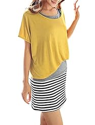 Polyester Above the Knee Striped Print Stretchy Round Neck Short Sleeves  Dress