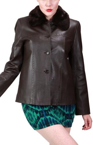 Womens 3/4 Length Fur Collar Genuine Leather Jacket, Brown, Large