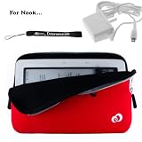 Slim High Quality Durable Glove Sleeve Cover Case with extra pocket Custom Made For Barnes & Noble Nook eBook Reader (RED) + Includes a 4-Inch eBigvalue Determination Hand Strap + Easy Travel Home Wall Charger