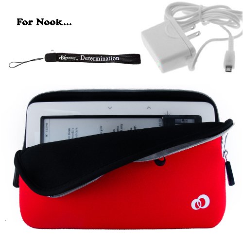 Slim High Quality Durable Glove Sleeve Cover Case with extra pocket Custom Made For Barnes & Noble Nook eBook Reader (RED) + Includes a 4-Inch eBigvalue Determination Hand Strap + Easy Travel Home Wall Charger Image Slim High Quality Durable Glove Sleeve Cover Case with extra pocket Custom Made For Barnes & Noble Nook eBook Reader (RED) + Includes a 4-Inch eBigvalue Determination Hand Strap + Easy Travel Home Wall Charger