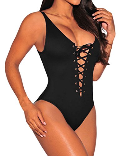 Tiksawon Women Sexy Lace Up Sleeveless Bodysuit Clubwear Tops