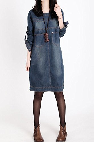 Piulou 秋冬 デニムワンピース ジーンズ 無地 Ａライン ラウンドネック 長袖 フレアスカート ゆったりウエスト 膝丈 ストリート レディース