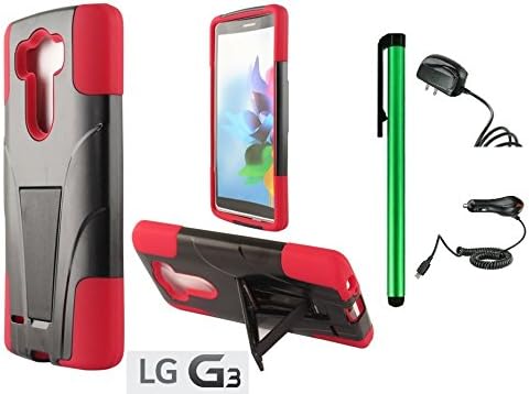 LG G3 Premium T-Stand / Side-Stand Hybrid Holster Design Protector Hard Cover Case (For 2014 LG New Flagship Android Phone) + Travel (Wall) Charger & Car Charger + 1 of New Assorted Color Metal Stylus Touch Screen Pen (RED / BLACK)