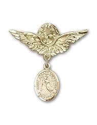 14K Gold Baby Badge with St. Joseph of Cupertino Charm and Angel with Wings Badge Pin