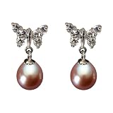 Sunlight Butterfly Pearl Drop Platinum Overlay CAREFREE Sterling Silver Earrings, Peach Pink