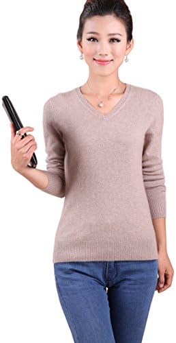 Liuanan Women Pure Wool Pullover V-neck Knit Long Sleeve Sweater (XL, Camel)