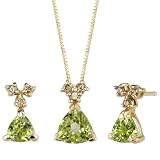 Thrillingly Modish 1.87 cts Trillion Cut Peridot Diamond Pendant Earrings Set 14Kt Yellow Gold