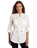 Calvin Klein Women's Solid Roll Sleeve Henley, Eggshell, Small