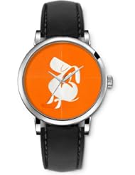 SPRAWL Aanalog Fashion Series Silver Ladies Watches of Genuine Black Leather Strap,Unique Wrist Watch for Women Girls Designed with Figure of a puppy orange background