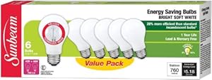 Sunbeam Energy Saving A19 Halogen Bulbs, 43 Watts, Equivalent to 60 Watts, Soft White, 6 Pack