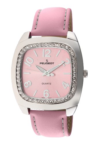 Peugeot Women's 310PK Silver-Tone Swarovski Crystal Accented Pink Leather Strap Watch