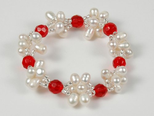 Click here to buy White Fresh Water Pearl & Red Crystal Bead Bracelet.