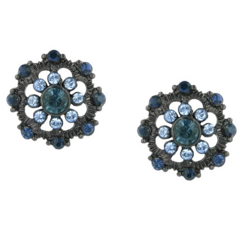 Midnight Blues Ornate Flower Large Button Style Earrings