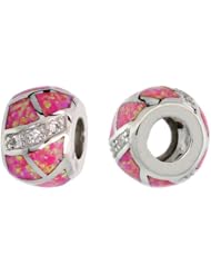 Sterling Silver Pandora Type Barrel Bead Charm w/ Pink Synthetic Opal Inlay & CZ stones, 3/8" (9mm)