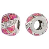 Sterling Silver Pandora Type Bead Barrel Pendant w/ Pink Lab Opal Inlay & CZ stones, 3/8 (9mm)