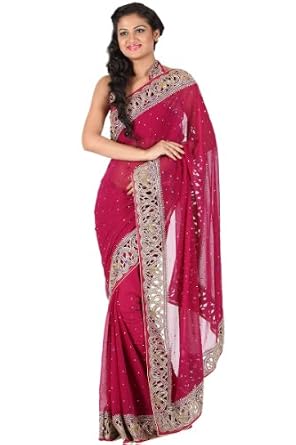 Fashion Lady : Ruby Red Chiffon Embroidered Wedding and Festival Saree Online
