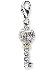 14k Yellow Gold Sterling Silver with Diamond Antiqued Key with Lobster Clasp Charm