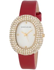 Kenneth Jay Lane Womens KJLANE-2403S-05  Mother-Of-Pearl Dial Crystal Accented Red Silk and Leather Watch