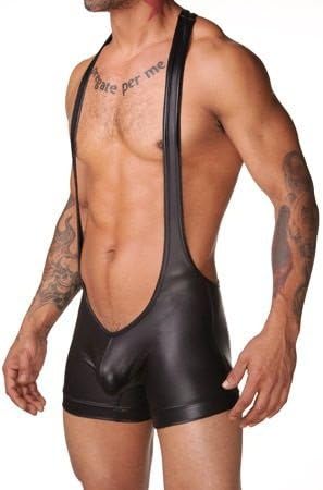 SP FASHION Sexy Men's Wet Leather Black Teddy Bodywear Wrestler