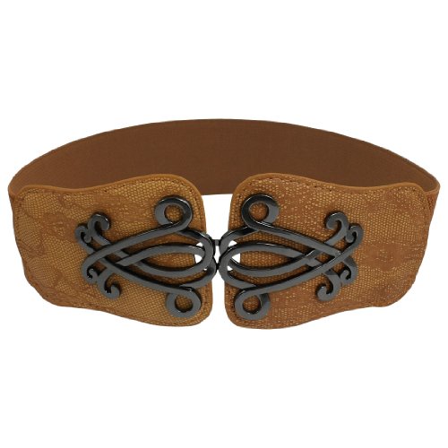Lady Faux Leather Floral Interlock Buckle Elastic Waist Belt Cinch