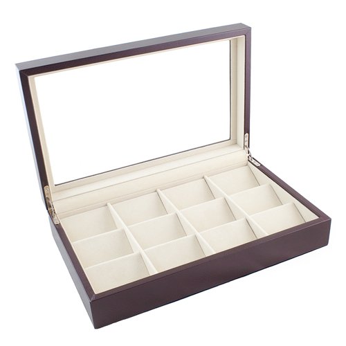 Pocket Watch Case Storage Holder Glass Top Display With Brown Leatherette Exterior Holds 12 Pocket Watches